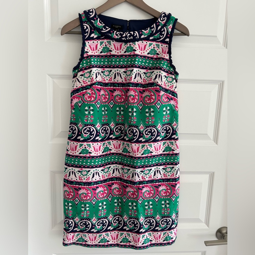 Talbots Sleeveless Dress Fringe Trim Pink Green White Size 4P Petite